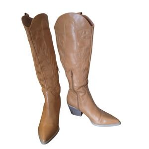 Oasis Society 7.5 Vegan Western Boots Tan Embroidered Mid Calf Minimalist Cowboy